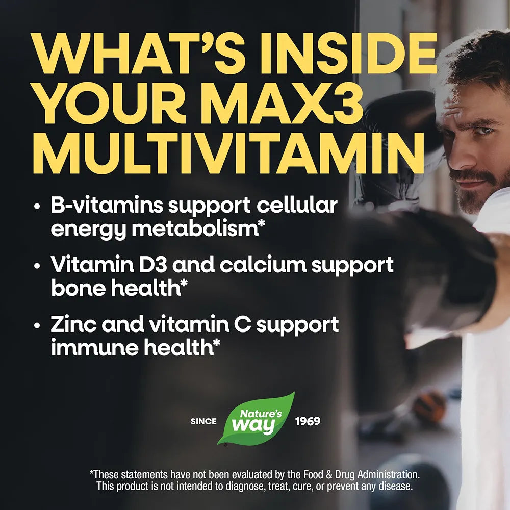 Nature's Way Alive! Men's Max3 Potency Daily Multivitamin, High Potency Multivitamin for Men with B-Vitamins for Cellular Energy*, Supports Heart, Muscle and Eye Health*, 90 Tablets