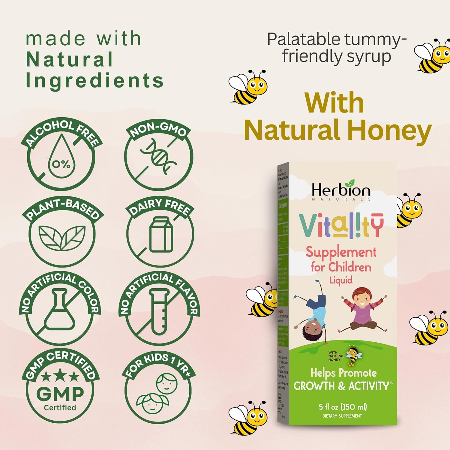 HERBION Naturals Vitality Supplement for Children, Promotes Growth and Appetite, Relieves Fatigue, Improves Mental & Physical Performance, for Kids 1 Year & Above, 5 Fl Oz (Pack of 1)