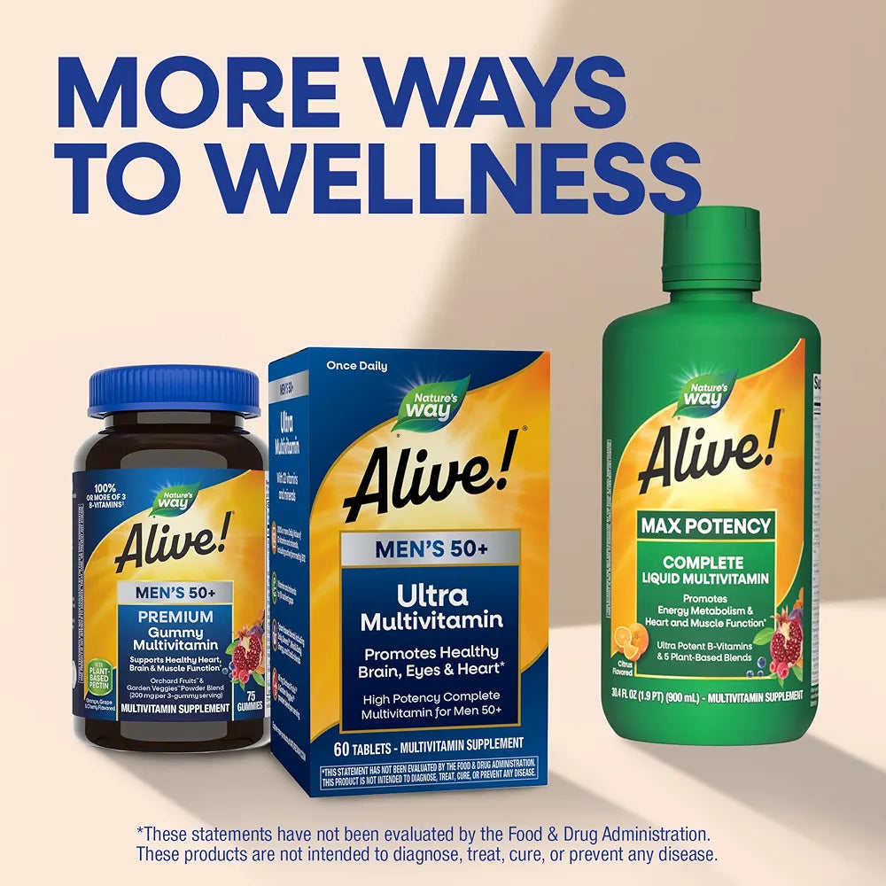 Nature's Way Alive! Ultra Potency Multivitamin for Men 50 Plus, Complete High Potency Formula with Vitamin D3, C, E, Methyl B12, Supports Cellular Energy, Heart, Brain, and Eye Health,* 60 Tablets