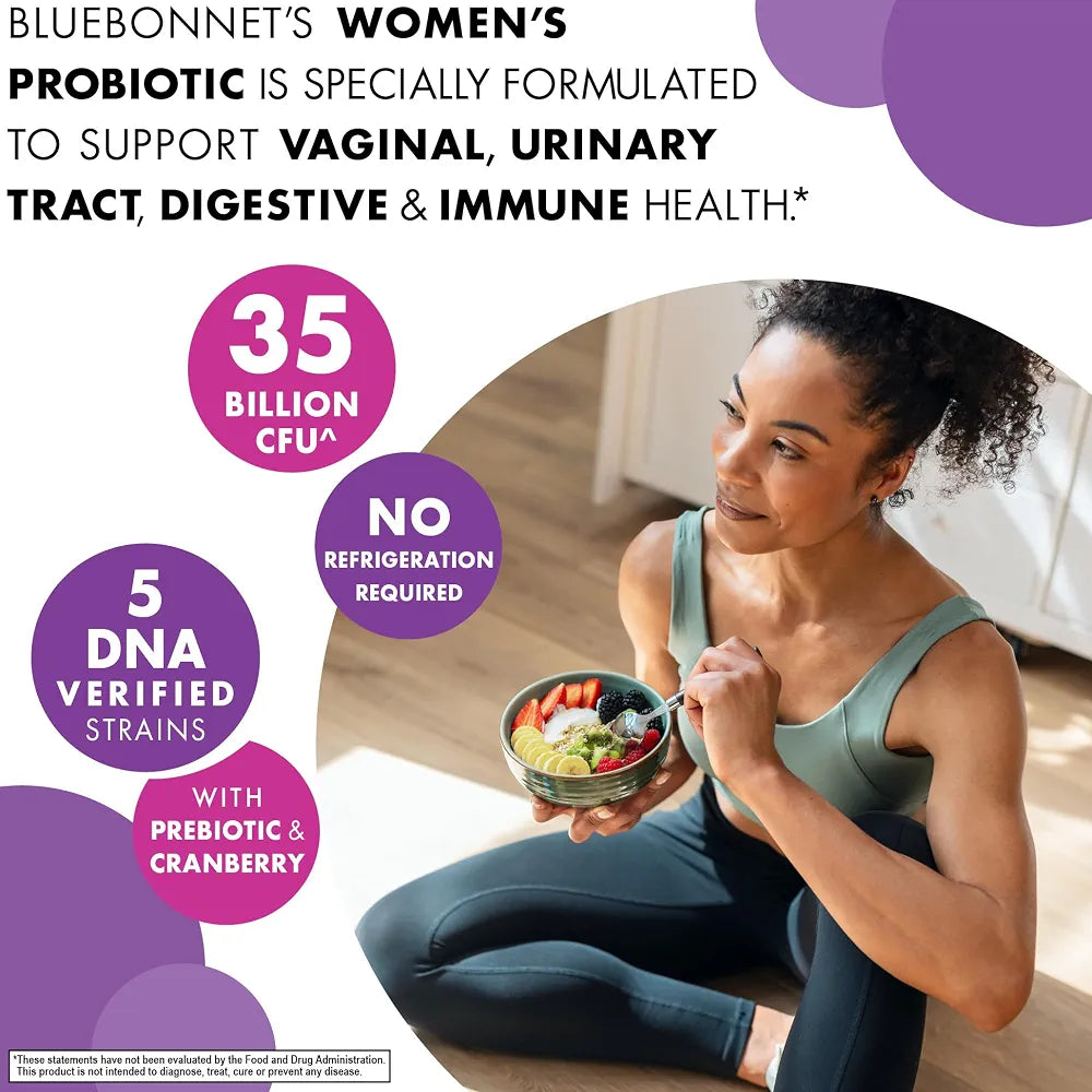 BlueBonnet Nutrition Women’s Probiotic 35 Billion CFU^ Shelf Stable - Urinary Tract, Vaginal pH, Digestive, Immune* - Prebiotic and Cranberry - Non-GMO, Free of Dairy, Gluten & Soy - 30 Servings