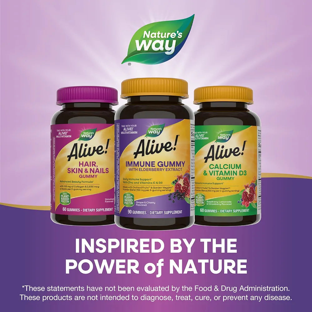 Nature's Way Alive! Immune Support* Gummies with Elderberry Extract, Vitamins C & D3, Zinc, No Gluten, Grape & Cherry Flavored, 90 Vegetarian Gummies 