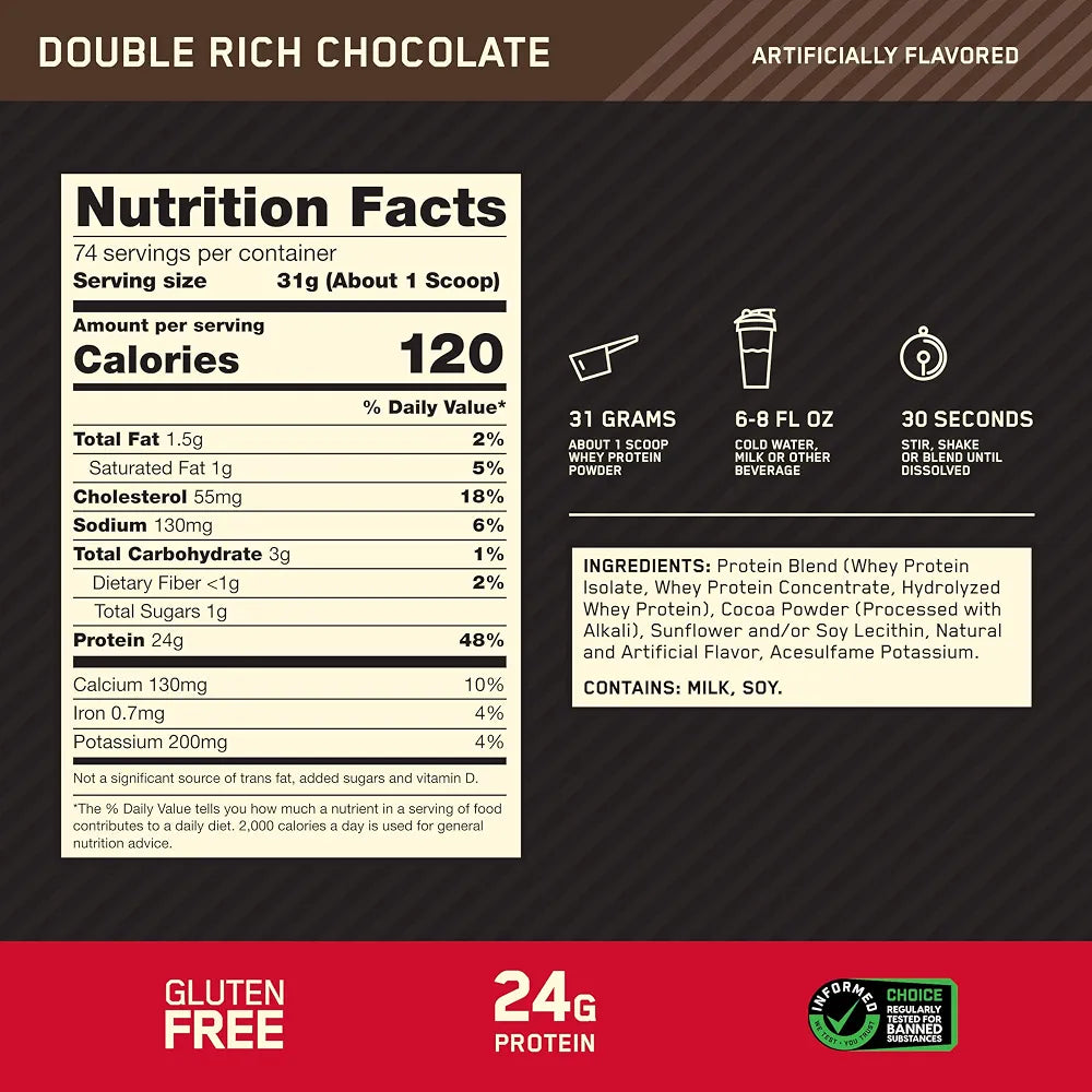 Optimum Nutrition Gold Standard Whey Protein, Double Rich Chocolate, 5 LB