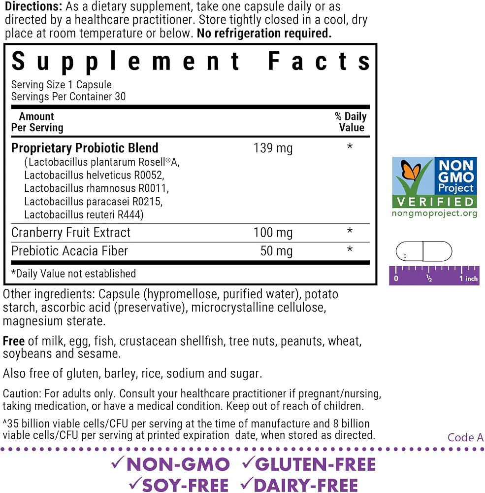 BlueBonnet Nutrition Women’s Probiotic 35 Billion CFU^ Shelf Stable - Urinary Tract, Vaginal pH, Digestive, Immune* - Prebiotic and Cranberry - Non-GMO, Free of Dairy, Gluten & Soy - 30 Servings
