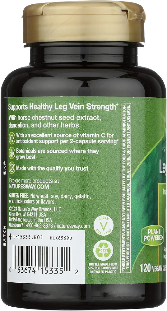 Nature's Way Leg Veins Premium Blend - Supports Healthy Leg Vein Strength* - 6-Herb Blend with Horse Chestnut Extract, Grape Seed Extract & Dandelion - Gluten Free & Vegan - 120 Count 
