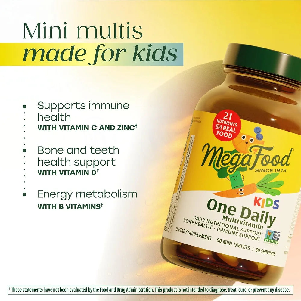 MegaFood Kids One Daily Multivitamin - Convenient Mini Multivitamin for Kids - with Zinc, Vitamins C, B & D - Vegetarian, Gluten Free, Non GMO - 60 Tablets, 60 Servings