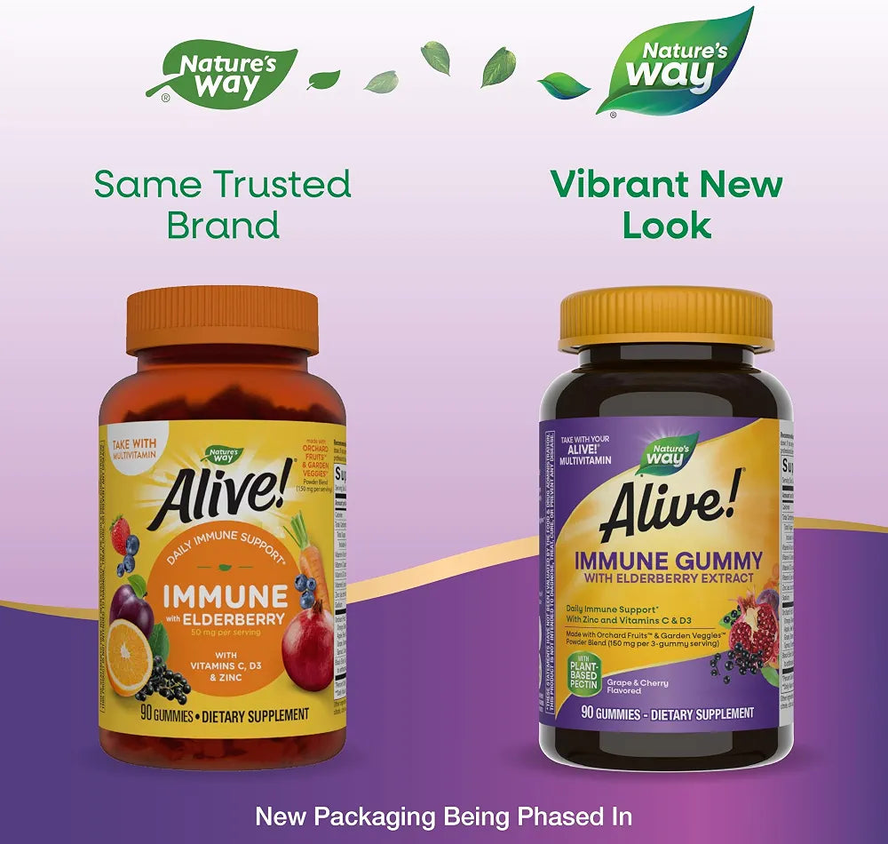 Nature's Way Alive! Immune Support* Gummies with Elderberry Extract, Vitamins C & D3, Zinc, No Gluten, Grape & Cherry Flavored, 90 Vegetarian Gummies 