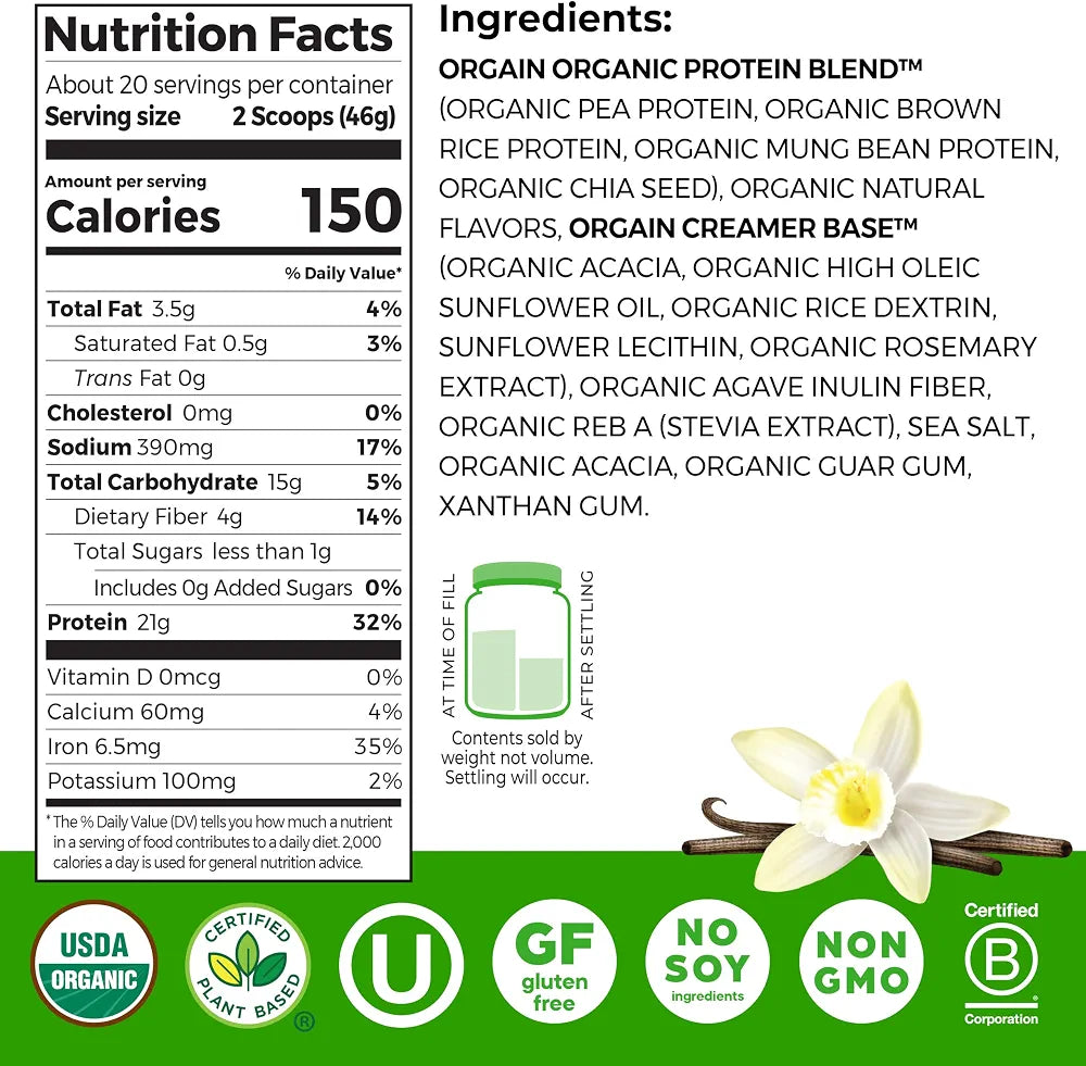 Orgain Organic Vegan Protein Powder, Vanilla Bean - 21g Plant Protein, 6g Prebiotic Fiber, No Lactose Ingredients, No Added Sugar, Non-GMO, for Shakes & Smoothies, 2.03 lb 