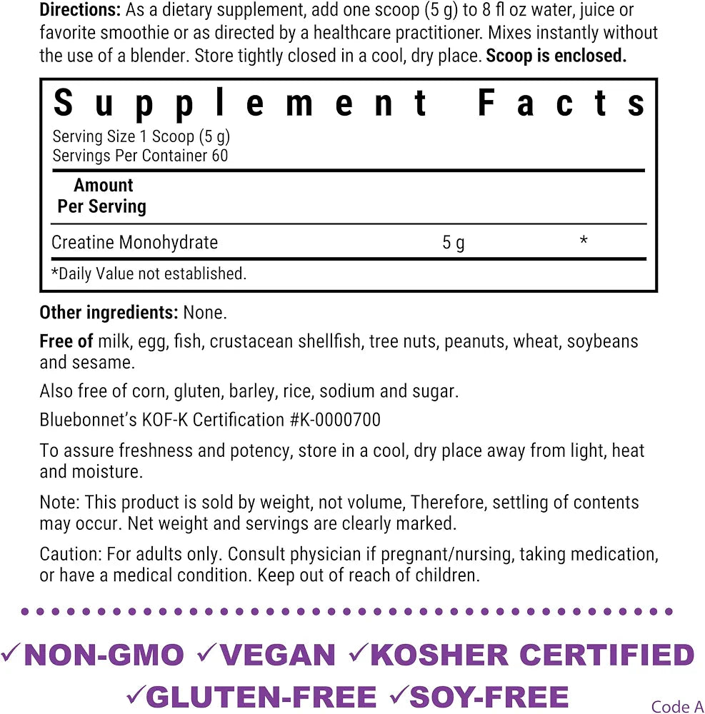 BlueBonnet Nutrition Micronized Creatine Monohydrate 5 g – Supports Lean Muscle Mass* - Non-GMO, Vegan, Kosher Certified, Gluten-Free, Soy-Free, Milk-Free – Unflavored, 10.58 OZ, 60 Servings