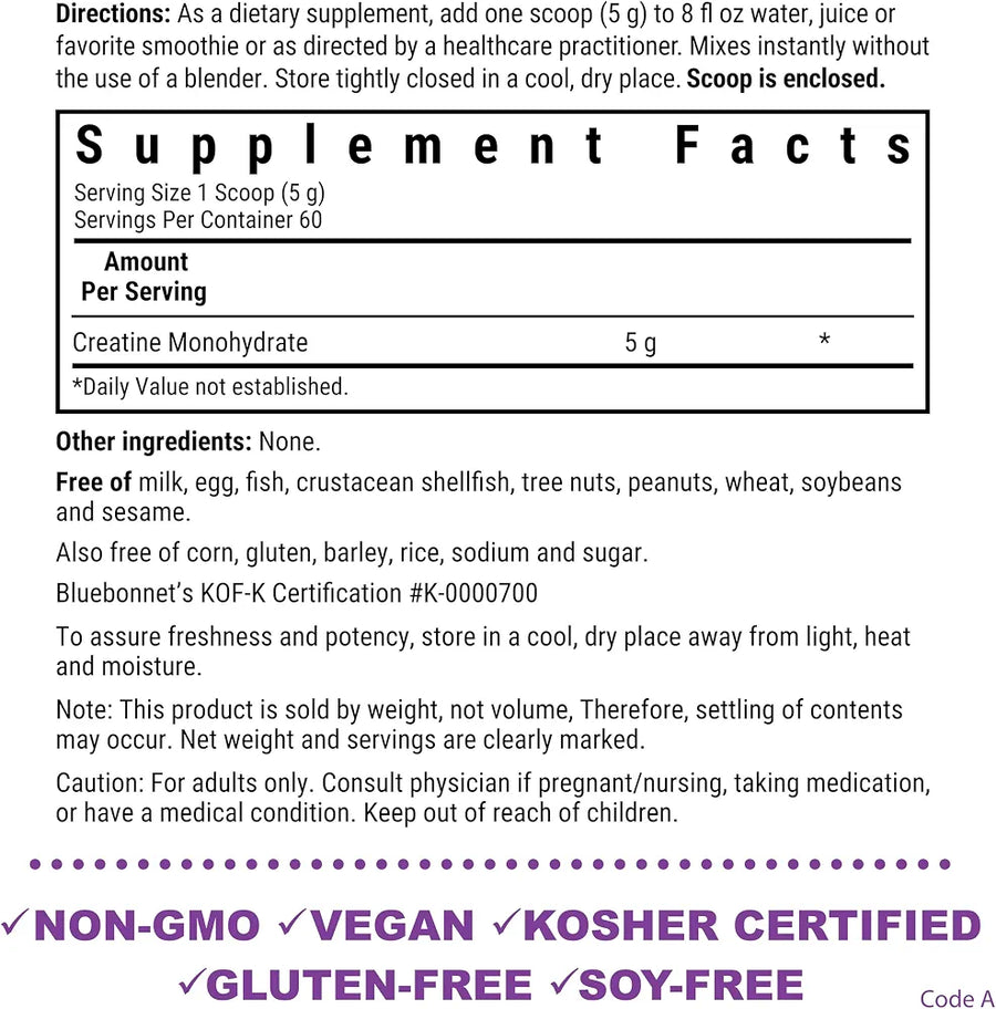 BlueBonnet Nutrition Micronized Creatine Monohydrate 5 g – Supports Lean Muscle Mass* - Non-GMO, Vegan, Kosher Certified, Gluten-Free, Soy-Free, Milk-Free – Unflavored, 10.58 OZ, 60 Servings