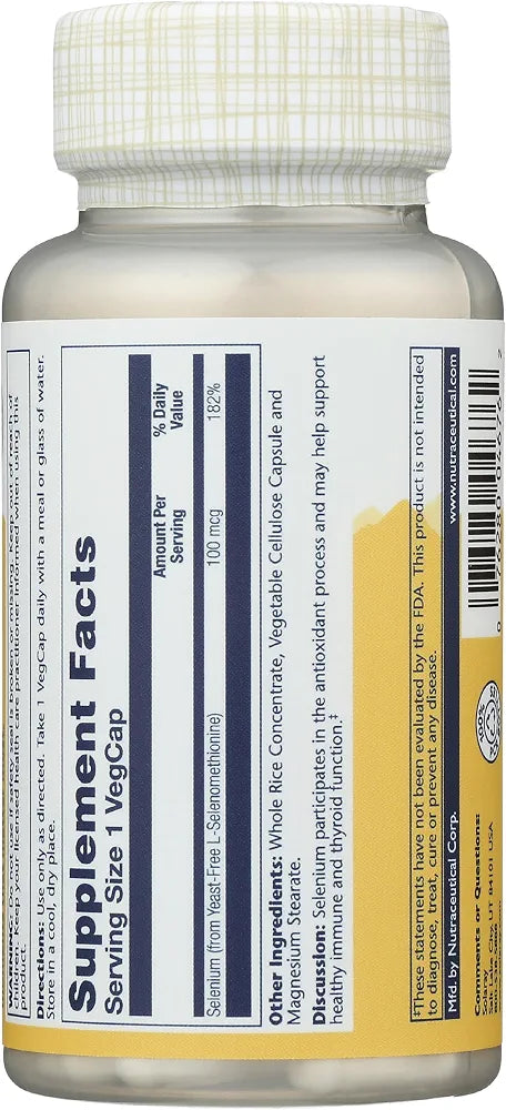 SOLARAY Selenium 100 mcg Supplement for Women & Men - Selenium 100mcg Capsules, Thyroid & Immune Health Support, Yeast Free, L Selenomethionine, Antioxidant Support, Vegan - 90 Veg Caps
