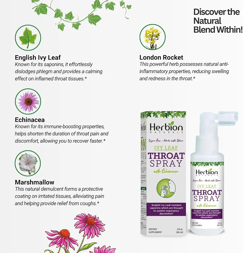 HERBION Naturals Throat Spray, Soothes Respiratory Discomfort with the Power of English Ivy, Marshmallow, and Echinacea extracts for Adults and Children, 2 Fl Oz, Pack of 1