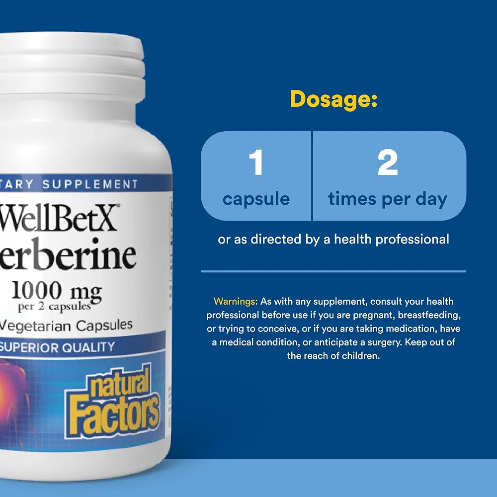 Natural Factors WellBetX Berberine - Daily Supplement Supports Metabolic Health - Formula Supports Healthy Heart - Gluten-Free & Vegan - 60 Vegetarian Capsules 
