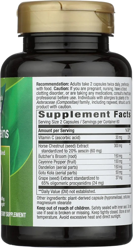 Nature's Way Leg Veins Premium Blend - Supports Healthy Leg Vein Strength* - 6-Herb Blend with Horse Chestnut Extract, Grape Seed Extract & Dandelion - Gluten Free & Vegan - 120 Count 