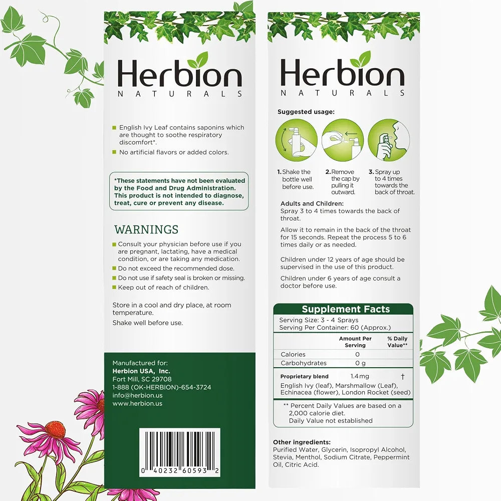 HERBION Naturals Throat Spray, Soothes Respiratory Discomfort with the Power of English Ivy, Marshmallow, and Echinacea extracts for Adults and Children, 2 Fl Oz, Pack of 1