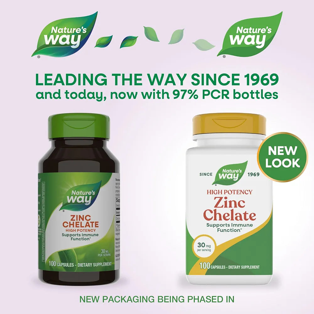 Nature's Way Zinc Chelate, Zinc Supplements, Supports Immune Function*, 30 mg per Serving, 100 Capsules 