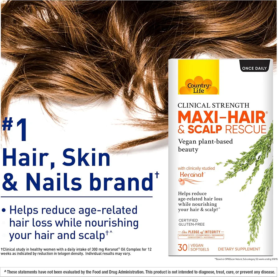 Country Life Maxi-Hair & Scalp Rescue, Clinical Strength Plant-Based Beauty, 30 Softgels, Gluten Free