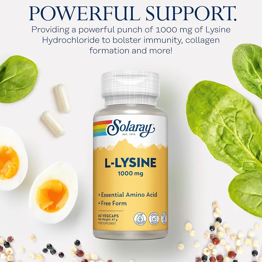 Solaray L-Lysine 1000mg, 60 Vegan Capsules, 500mg per Capsule | Amino Acid Supplement for Pre and Post Workout, Double Strength, 500mg per Capsule, Lab Verified, Magnesium Stearate Free