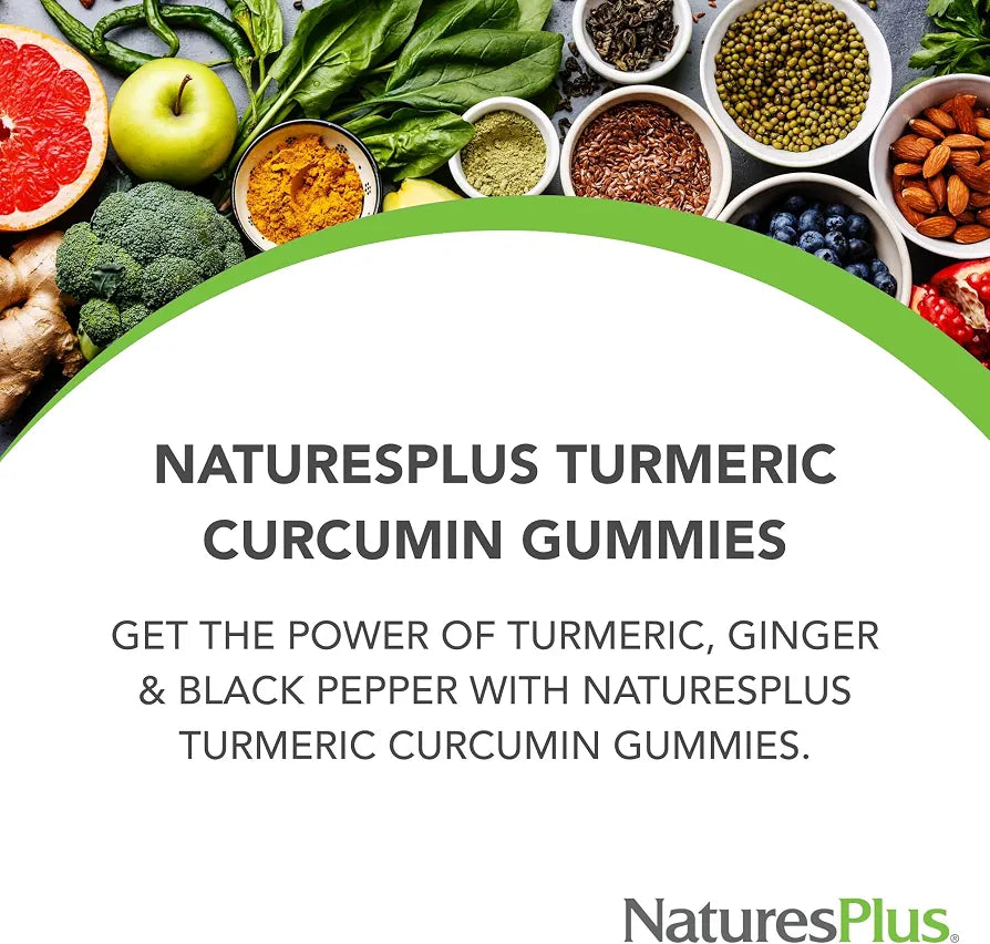 NaturesPlus Gummies Turmeric Curcumin - 60 Gummies, Peach - Supports Joint, Digestive & Cardiovascular Health - Vegan, Gluten Free, Non-GMO - 30 Servings