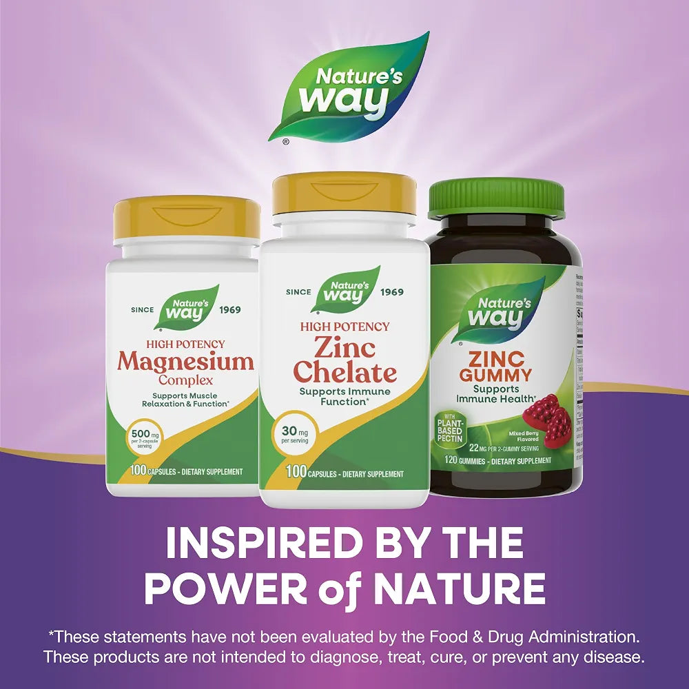 Nature's Way Zinc Chelate, Zinc Supplements, Supports Immune Function*, 30 mg per Serving, 100 Capsules 