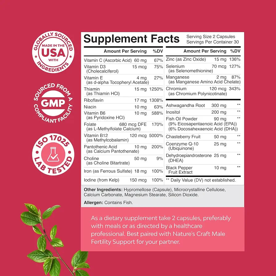 Female Fertility Supplement with Prenatal Multivitamins - Fertility Support with Prenatal Choline Inositol Folate Chasteberry and CoQ10 Fertility Blend for Women to Promote Conception - 60 Count