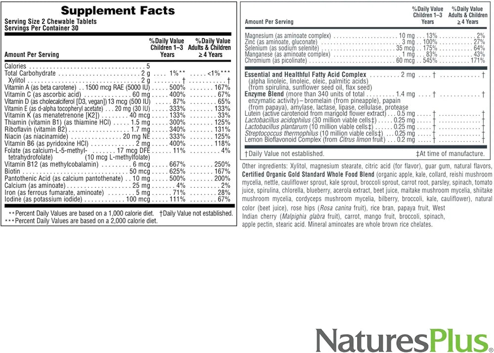 NaturesPlus Animal Parade Gold Multivitamin Children’s Chewables - Cherry Flavor - 60 Chewable Animal-Shaped Tablets - with Vitamin D3, K2 & Probiotics - 30 Servings