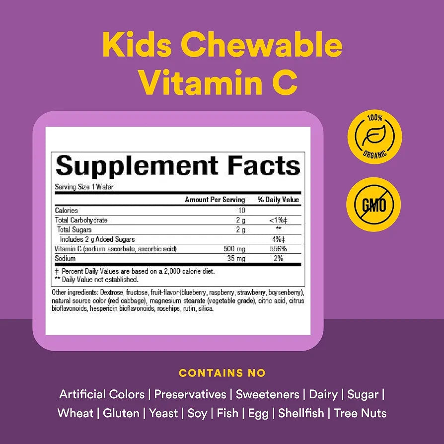 Natural Factors, Kids Chewable Vitamin C 500 mg, Supports Immune Health, Bones, Teeth and Gums, Blueberry, Raspberry and Boysenberry, 90 Count 