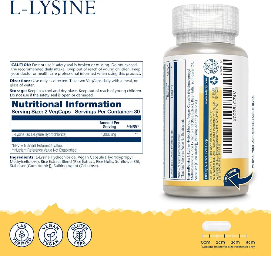 Solaray L-Lysine 1000mg, 60 Vegan Capsules, 500mg per Capsule | Amino Acid Supplement for Pre and Post Workout, Double Strength, 500mg per Capsule, Lab Verified, Magnesium Stearate Free