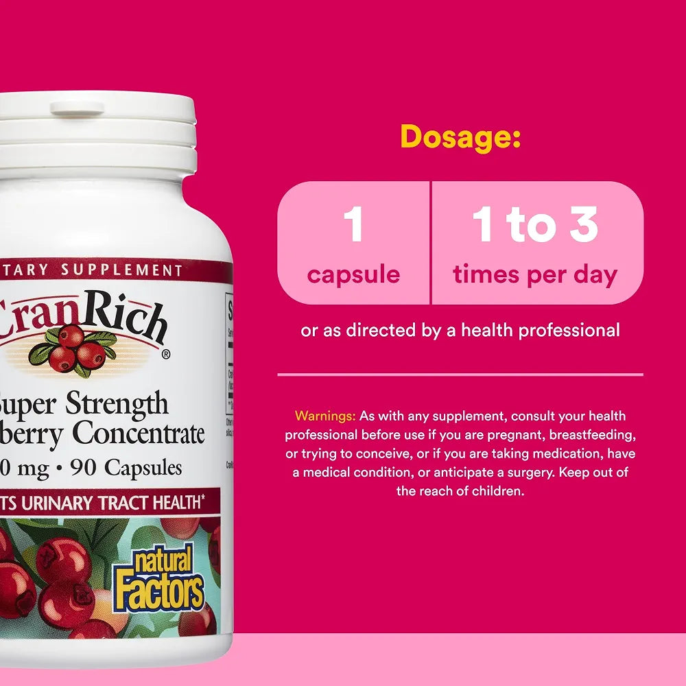 CranRich by Natural Factors, Super Strength Cranberry Concentrate, Antioxidant Supplement for Urinary Tract Support, Non-GMO, 90 Capsules