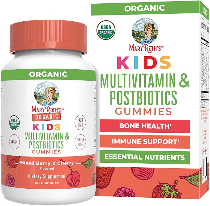 MARYRUTH'S Kids Vitamins USDA Organic | Multivitamin Gummies + Postbiotics for Ages 4+ | Multivitamin for Kids with Lactobacillus Rhamnosus | Children’s Vitamins | Vegan | Non-GMO | 60 Count