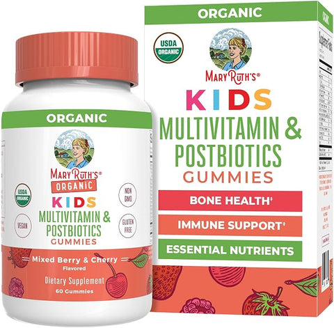 MARYRUTH'S Kids Vitamins USDA Organic | Multivitamin Gummies + Postbiotics for Ages 4+ | Multivitamin for Kids with Lactobacillus Rhamnosus | Children’s Vitamins | Vegan | Non-GMO | 60 Count
