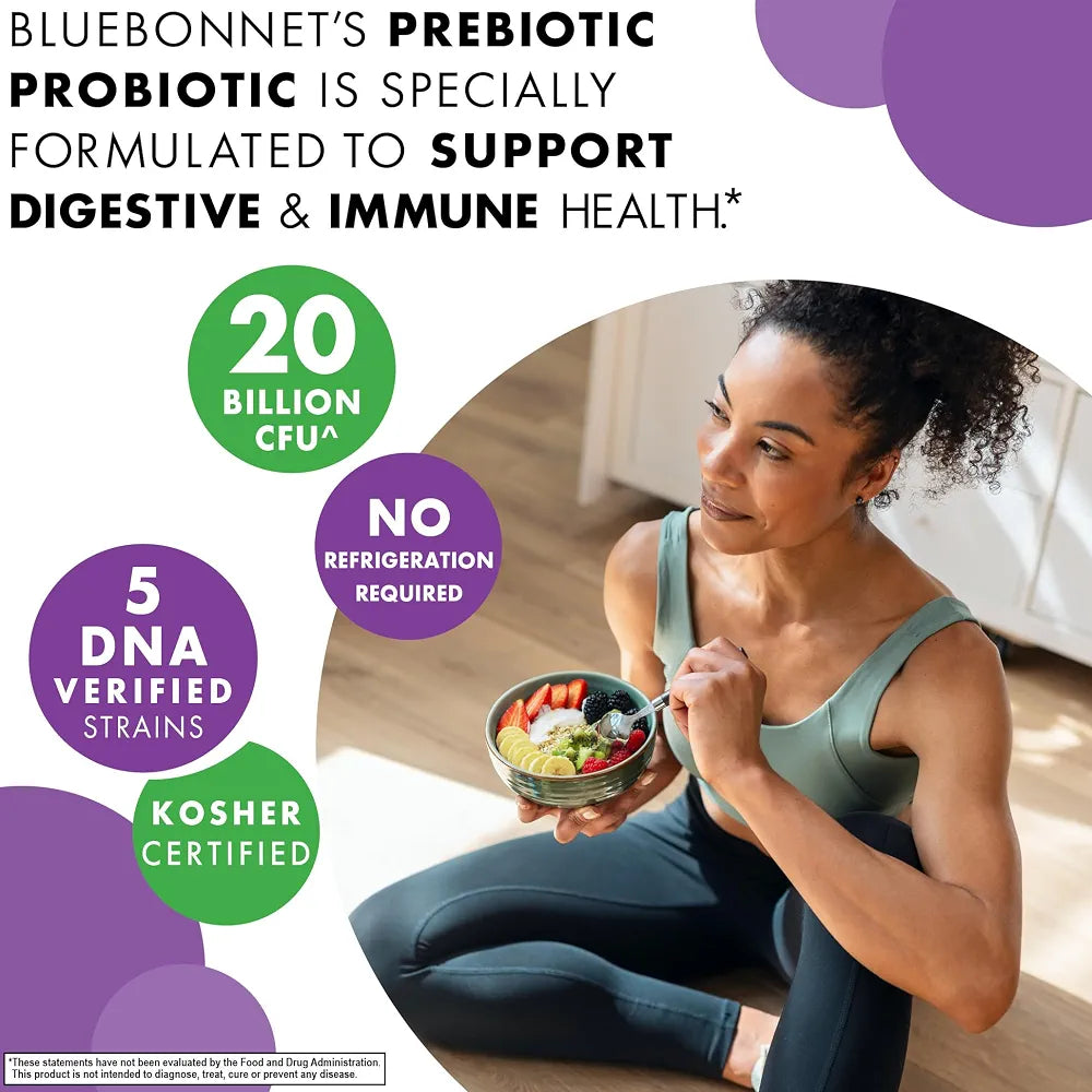 Bluebonnet Nutrition Prebiotic Probiotic 20 Billion CFU Shelf Stable - 5 Kosher Certified Strains – Digestion, Gut, & Immune* - Non-GMO, Gluten-Free, Soy-Free - 30 Vegetable Capsules, 30 Servings