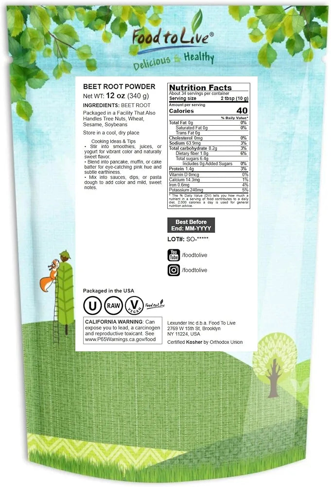 Beet Root Powder, 12 Ounces – Finely Ground Dried Beet Root, Pure, Kosher and Vegan, Raw Superfood. Bulk Powder. Rich in Folate, Potassium and Fiber. Great for Drinks, Smoothies, Sauces, and Soups