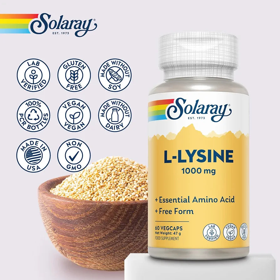 Solaray L-Lysine 1000mg, 60 Vegan Capsules, 500mg per Capsule | Amino Acid Supplement for Pre and Post Workout, Double Strength, 500mg per Capsule, Lab Verified, Magnesium Stearate Free