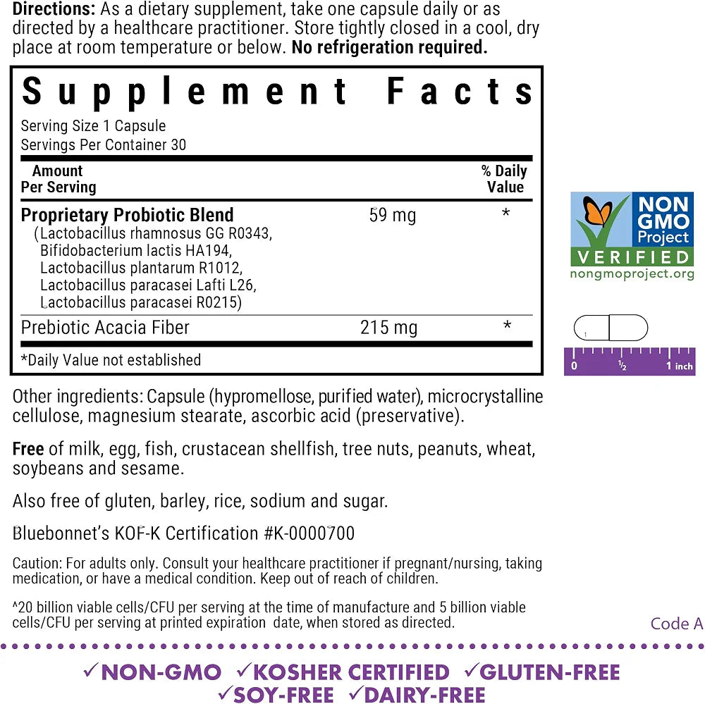 Bluebonnet Nutrition Prebiotic Probiotic 20 Billion CFU Shelf Stable - 5 Kosher Certified Strains – Digestion, Gut, & Immune* - Non-GMO, Gluten-Free, Soy-Free - 30 Vegetable Capsules, 30 Servings