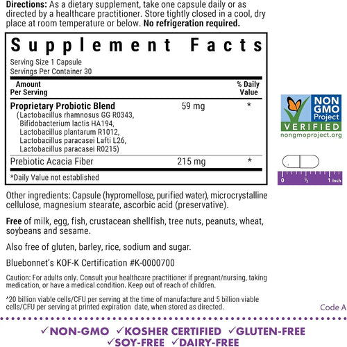 Bluebonnet Nutrition Prebiotic Probiotic 20 Billion CFU Shelf Stable - 5 Kosher Certified Strains – Digestion, Gut, & Immune* - Non-GMO, Gluten-Free, Soy-Free - 30 Vegetable Capsules, 30 Servings