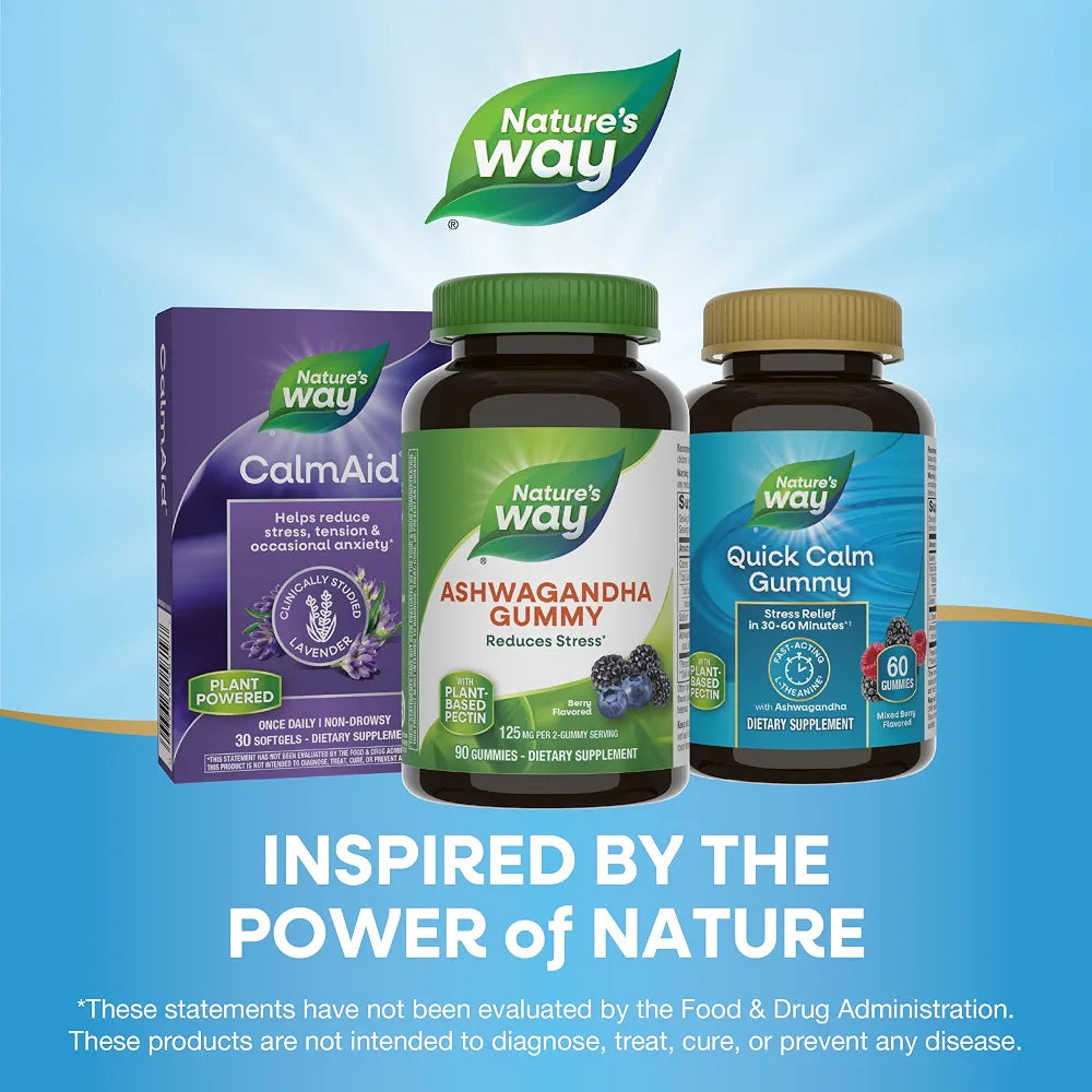 Nature's Way Ashwagandha Gummies, Reduce Stress with Adaptogenic Herb*, 125 mg Per 2-Gummy Serving, Berry Flavored, 90 Gummies 