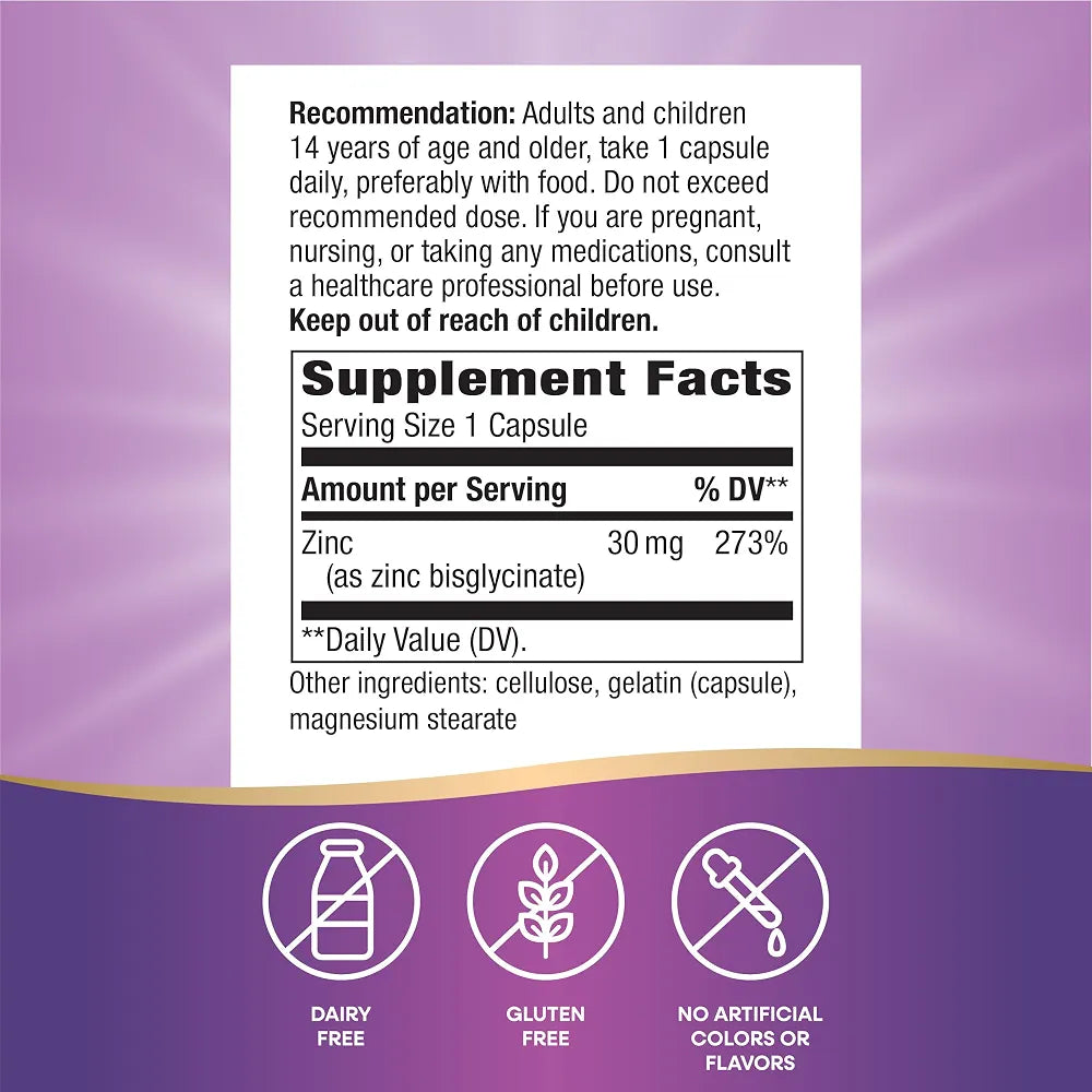 Nature's Way Zinc Chelate, Zinc Supplements, Supports Immune Function*, 30 mg per Serving, 100 Capsules 