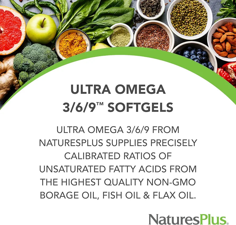 NaturesPlus Ultra Omega 3/6/9 - Borage, Fish & Flax Oil Supplement - 90 Softgels - Gluten Free - 90 Servings