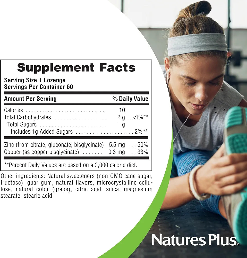 NaturesPlus Immune Zinc Lozenges - Tri-Form Zinc Supplement Balanced with Copper for Immune Support - Fast Acting, Delicious Natural Berry Flavour - Gluten Free, Vegan - 60 Lozenges