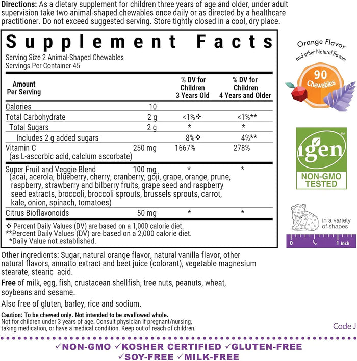 Bluebonnet Rainforest Animalz Kids Vitamin C 250mg, Orange, 90 Tablets
