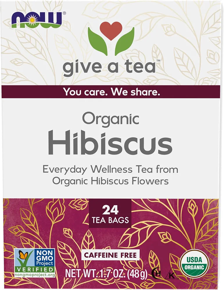 NOW Foods, Organically Hip Hibiscus™ Tea, Caffeine-Free, Non-GMO, No Added Colors, Preservatives or Sugars, Premium Unbleached Tea Bags with our No-Staples Design, 24-Count