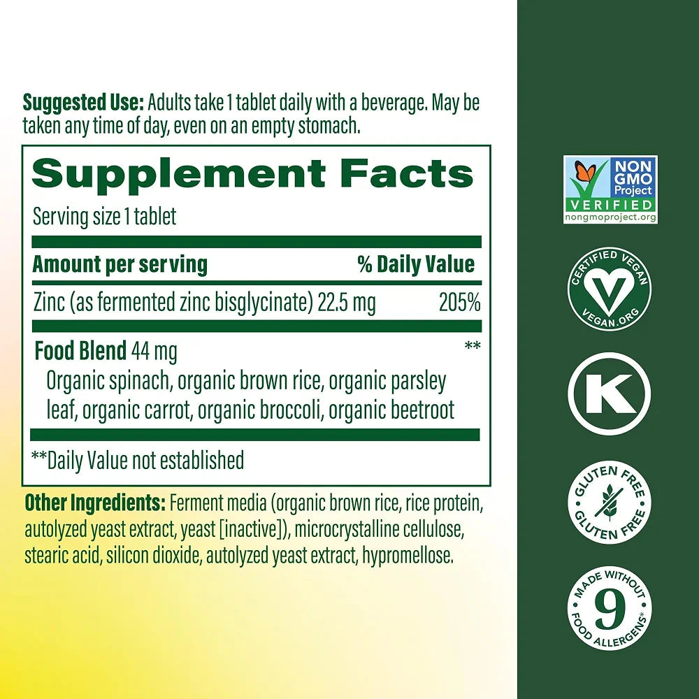 MegaFood Zinc Supplements - Vegan Immune Support Supplement With 22.5 mg High Potency Fermented Zinc - Made With Real Food - Gluten-Free, Kosher - 60 Tablets, 60 Servings