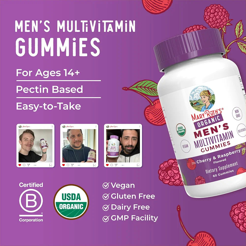 MARYRUTH'S Organics Mens Vitamin Gummy | USDA | Vegan | Daily Multivitamins for Immune Support | Non-GMO | Gluten Free | 60 Count