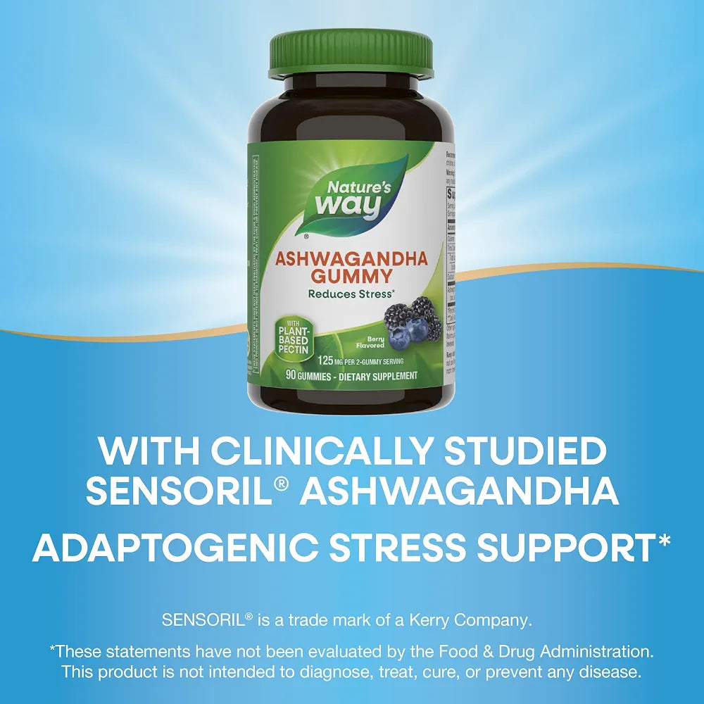 Nature's Way Ashwagandha Gummies, Reduce Stress with Adaptogenic Herb*, 125 mg Per 2-Gummy Serving, Berry Flavored, 90 Gummies 