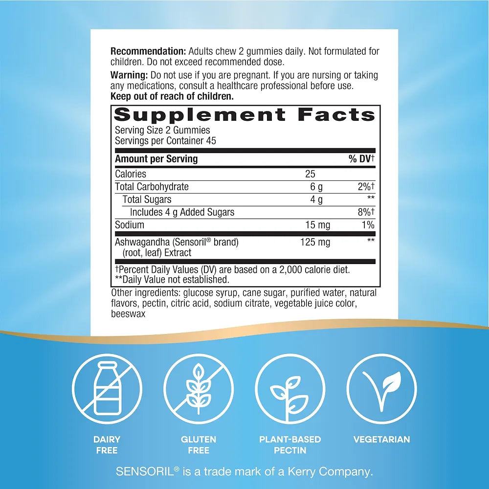 Nature's Way Ashwagandha Gummies, Reduce Stress with Adaptogenic Herb*, 125 mg Per 2-Gummy Serving, Berry Flavored, 90 Gummies 