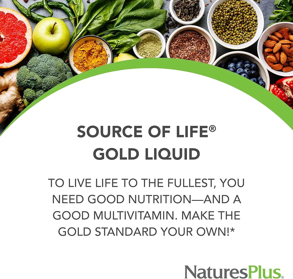 NaturesPlus Source of Life GOLD Multivitamin Liquid - 8 oz - With Vitamins D3, B12 & K2 - Blood, Bone & Immune Support - Vegetarian & Gluten Free - 8 Servings