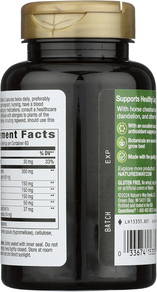 Nature's Way Leg Veins Premium Blend - Supports Healthy Leg Vein Strength* - 6-Herb Blend with Horse Chestnut Extract, Grape Seed Extract & Dandelion - Gluten Free & Vegan - 120 Count 