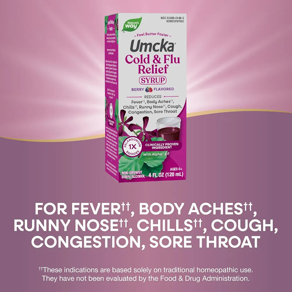Nature's Way Umcka Cold and Flu Relief Syrup, Fever*, Sore Throat, Cough, Congestion, Body Aches*, Homeopathic, Phenylephrine Free, 0.05% Alcohol, Berry Flavored, 4 Fl Oz 