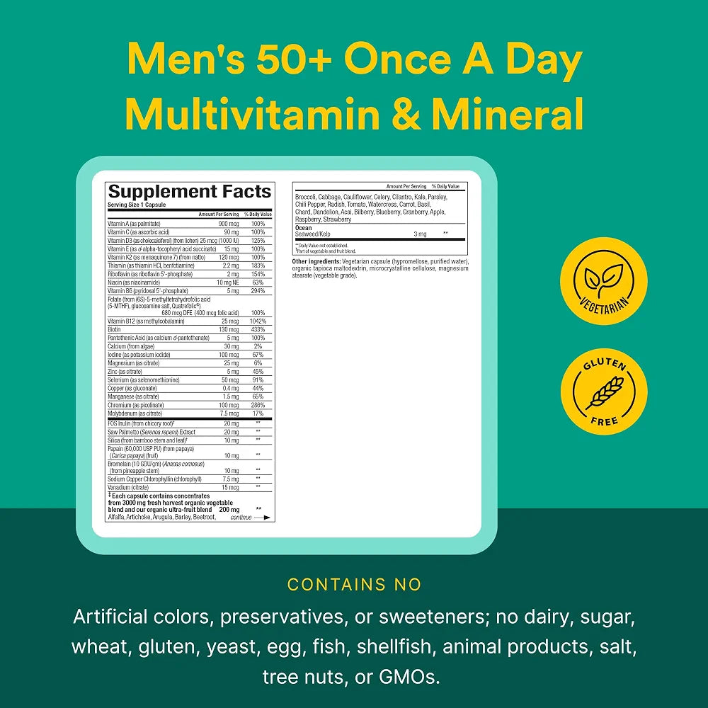 Natural Factors Whole Earth & SEA Men's 50+ Once A Day MULTIVITAMIN & Mineral, 60 Vegetarian Capsules