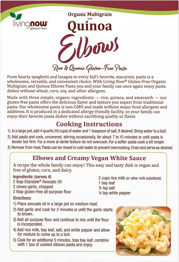 NOW Foods, Organic Quinoa Macaroni, Gluten-Free, Corn-Free, Non-GMO Elbow Pasta, 8-Ounce